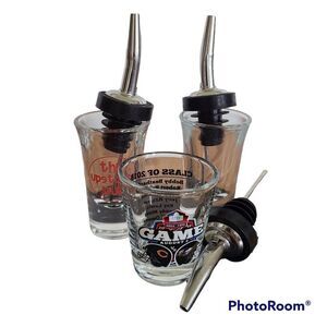 Barware Lot Including Shot Glasses and Liquid Pourer Spouts Sets of Three Each